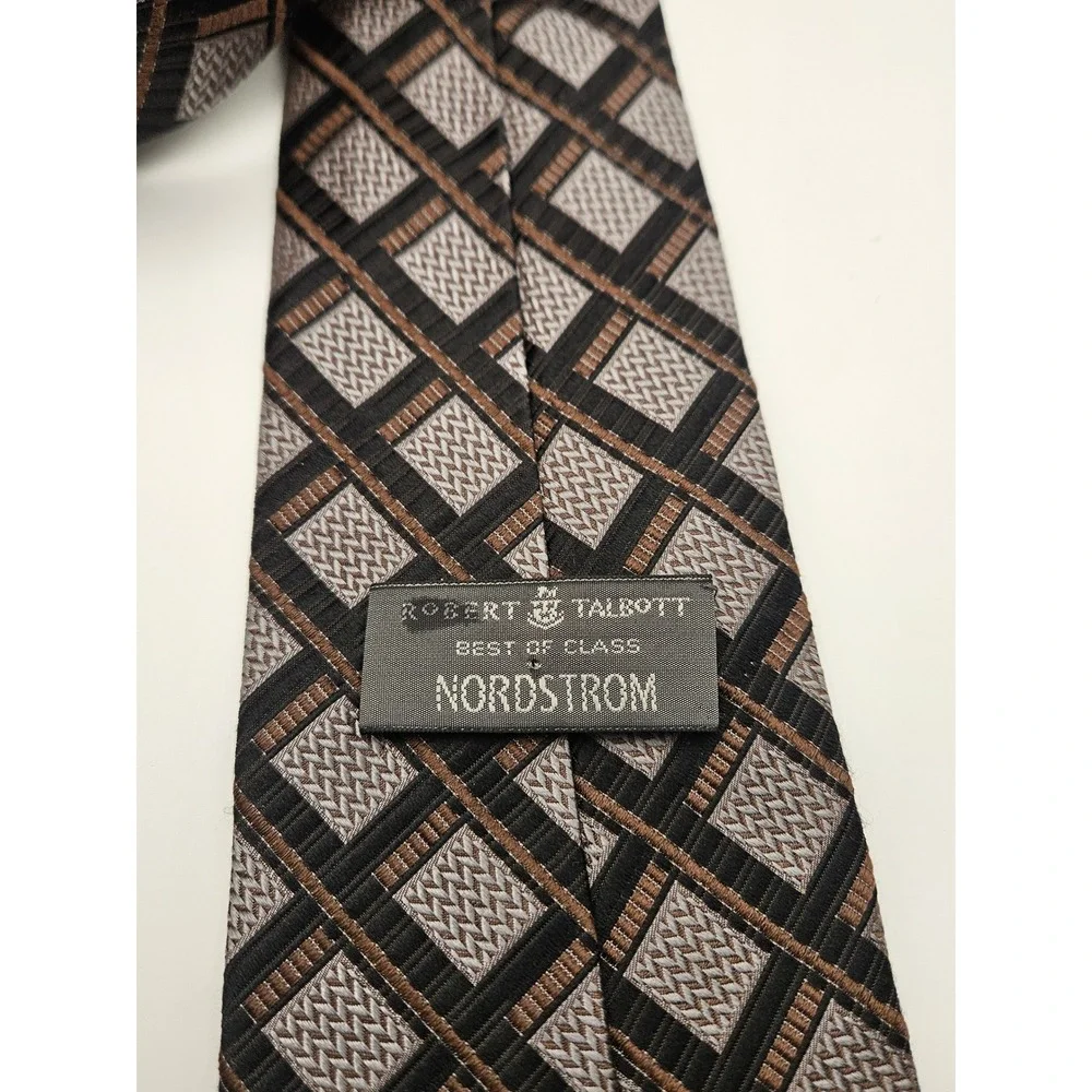 Robert‎ Talbott Best of Class Nordstrom Silk Tie Brown Silver Geometric Grid USA
